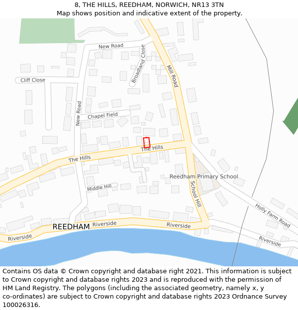 8, THE HILLS, REEDHAM, NORWICH, NR13 3TN: Location map and indicative extent of plot