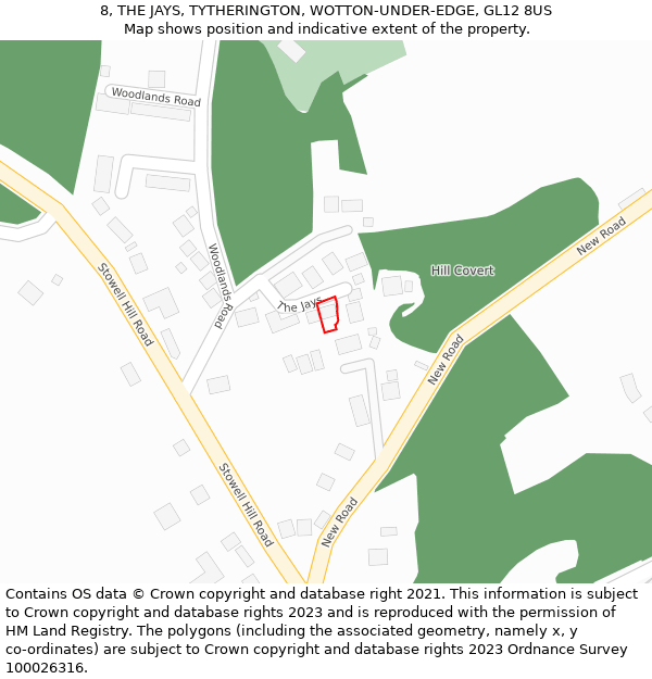 8, THE JAYS, TYTHERINGTON, WOTTON-UNDER-EDGE, GL12 8US: Location map and indicative extent of plot