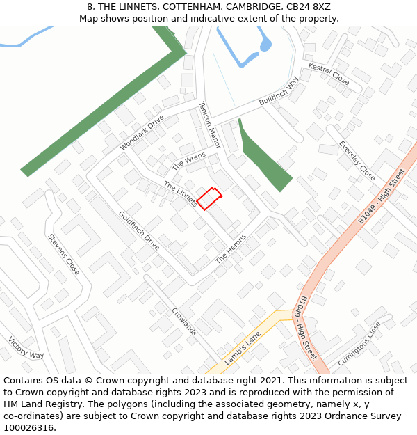 8, THE LINNETS, COTTENHAM, CAMBRIDGE, CB24 8XZ: Location map and indicative extent of plot