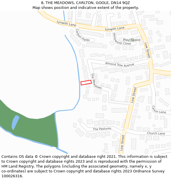 8, THE MEADOWS, CARLTON, GOOLE, DN14 9QZ: Location map and indicative extent of plot