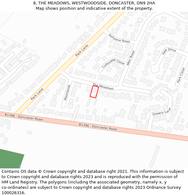 8, THE MEADOWS, WESTWOODSIDE, DONCASTER, DN9 2HA: Location map and indicative extent of plot