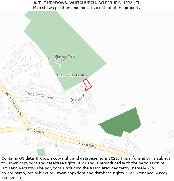 8, THE MEADOWS, WHITCHURCH, AYLESBURY, HP22 4TL: Location map and indicative extent of plot