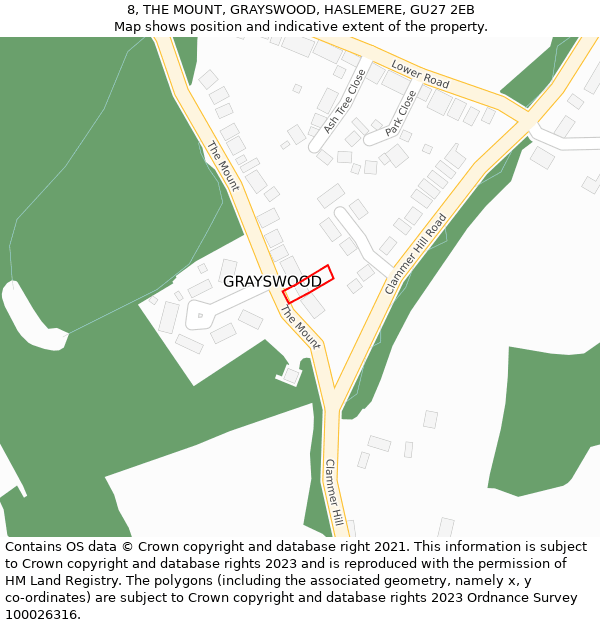 8, THE MOUNT, GRAYSWOOD, HASLEMERE, GU27 2EB: Location map and indicative extent of plot