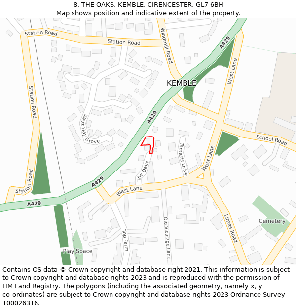 8, THE OAKS, KEMBLE, CIRENCESTER, GL7 6BH: Location map and indicative extent of plot