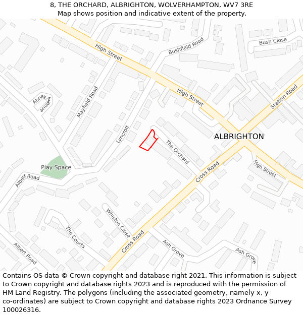 8, THE ORCHARD, ALBRIGHTON, WOLVERHAMPTON, WV7 3RE: Location map and indicative extent of plot