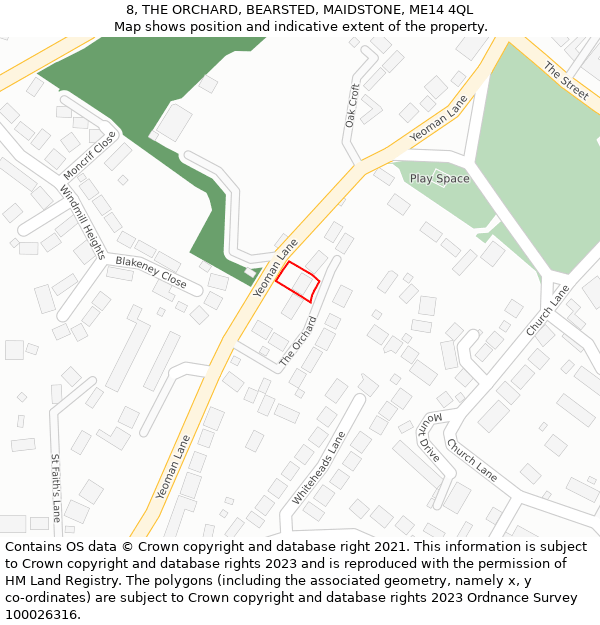 8, THE ORCHARD, BEARSTED, MAIDSTONE, ME14 4QL: Location map and indicative extent of plot