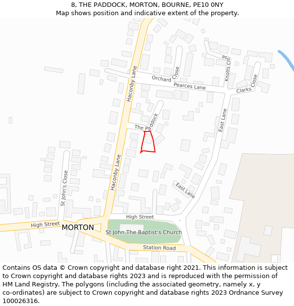 8, THE PADDOCK, MORTON, BOURNE, PE10 0NY: Location map and indicative extent of plot