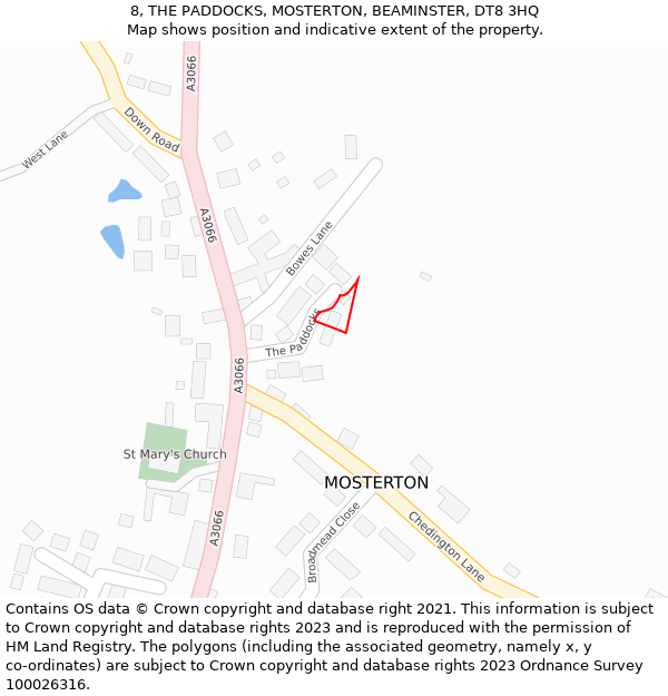 8, THE PADDOCKS, MOSTERTON, BEAMINSTER, DT8 3HQ: Location map and indicative extent of plot