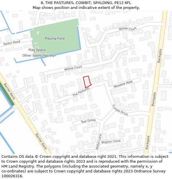 8, THE PASTURES, COWBIT, SPALDING, PE12 6FL: Location map and indicative extent of plot