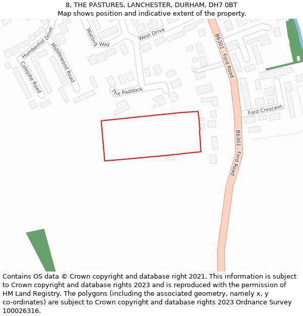 8, THE PASTURES, LANCHESTER, DURHAM, DH7 0BT: Location map and indicative extent of plot