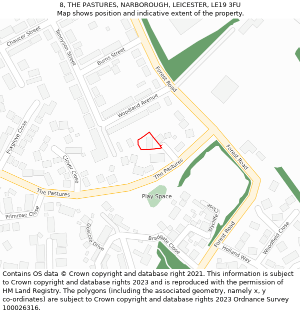 8, THE PASTURES, NARBOROUGH, LEICESTER, LE19 3FU: Location map and indicative extent of plot