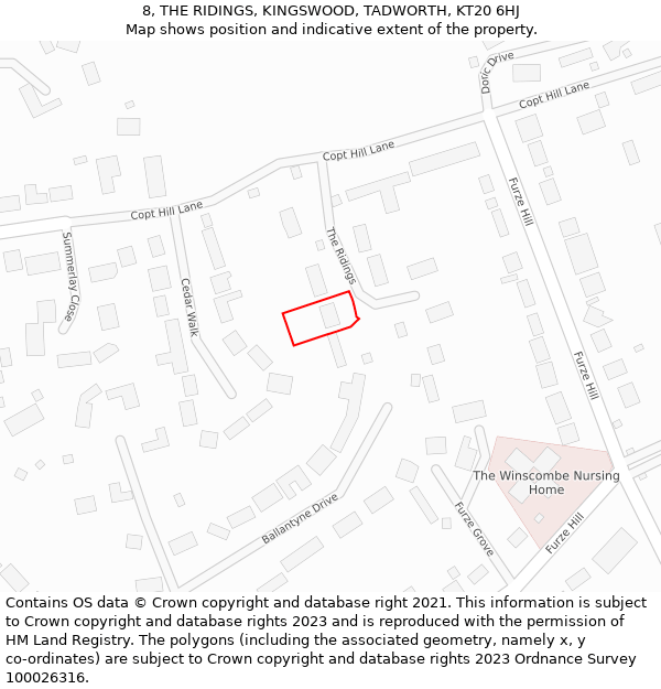 8, THE RIDINGS, KINGSWOOD, TADWORTH, KT20 6HJ: Location map and indicative extent of plot