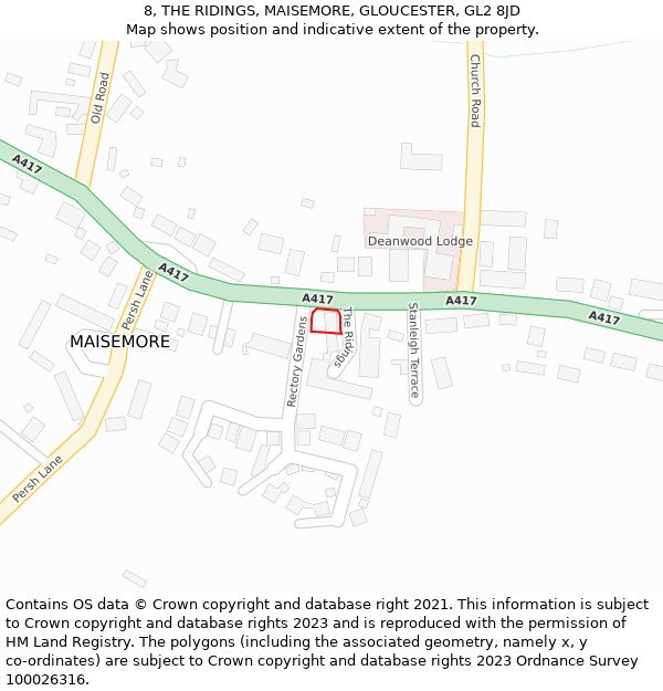 8, THE RIDINGS, MAISEMORE, GLOUCESTER, GL2 8JD: Location map and indicative extent of plot