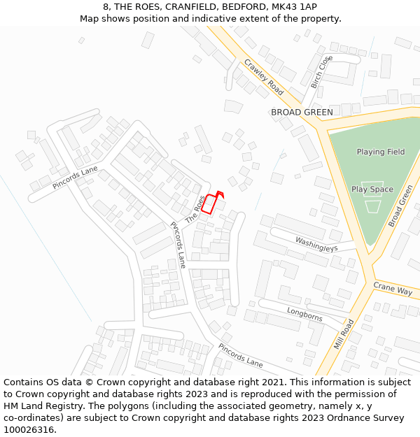 8, THE ROES, CRANFIELD, BEDFORD, MK43 1AP: Location map and indicative extent of plot