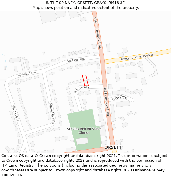 8, THE SPINNEY, ORSETT, GRAYS, RM16 3EJ: Location map and indicative extent of plot