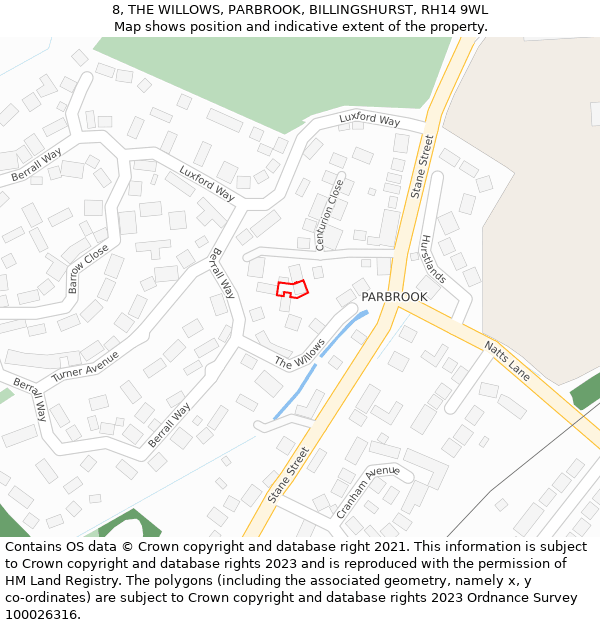 8, THE WILLOWS, PARBROOK, BILLINGSHURST, RH14 9WL: Location map and indicative extent of plot