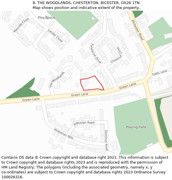 8, THE WOODLANDS, CHESTERTON, BICESTER, OX26 1TN: Location map and indicative extent of plot