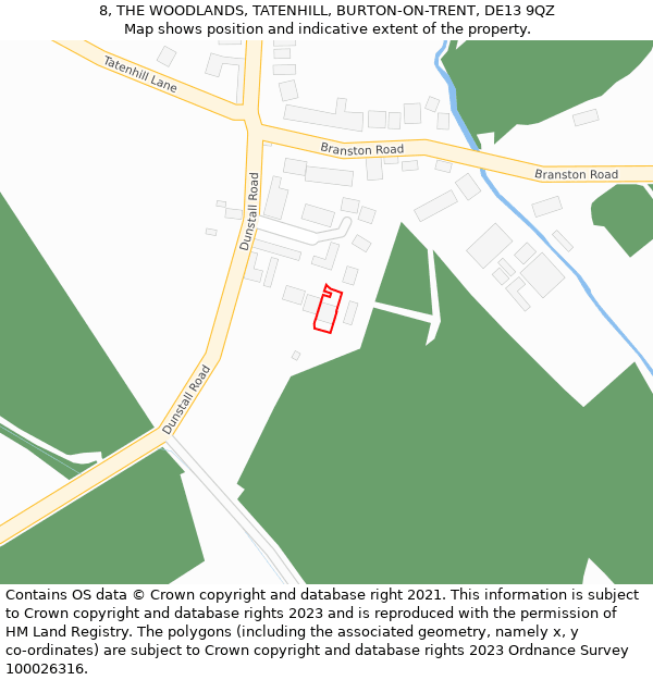 8, THE WOODLANDS, TATENHILL, BURTON-ON-TRENT, DE13 9QZ: Location map and indicative extent of plot