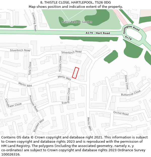 8, THISTLE CLOSE, HARTLEPOOL, TS26 0DG: Location map and indicative extent of plot