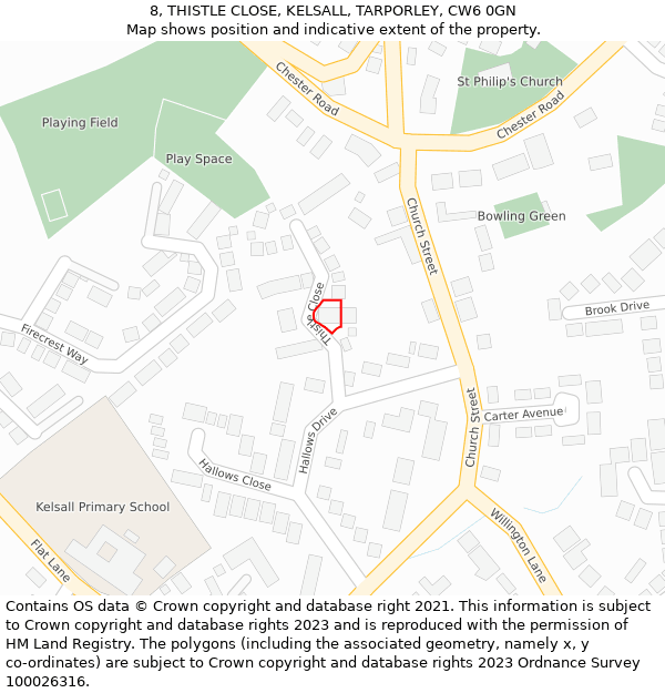 8, THISTLE CLOSE, KELSALL, TARPORLEY, CW6 0GN: Location map and indicative extent of plot