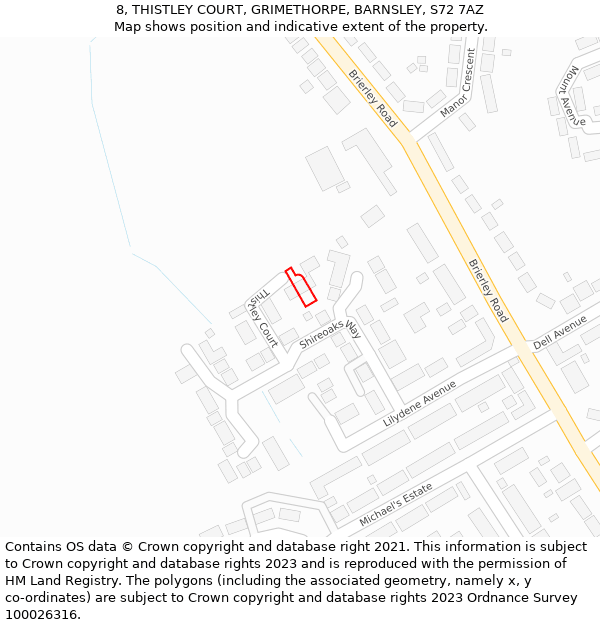 8, THISTLEY COURT, GRIMETHORPE, BARNSLEY, S72 7AZ: Location map and indicative extent of plot