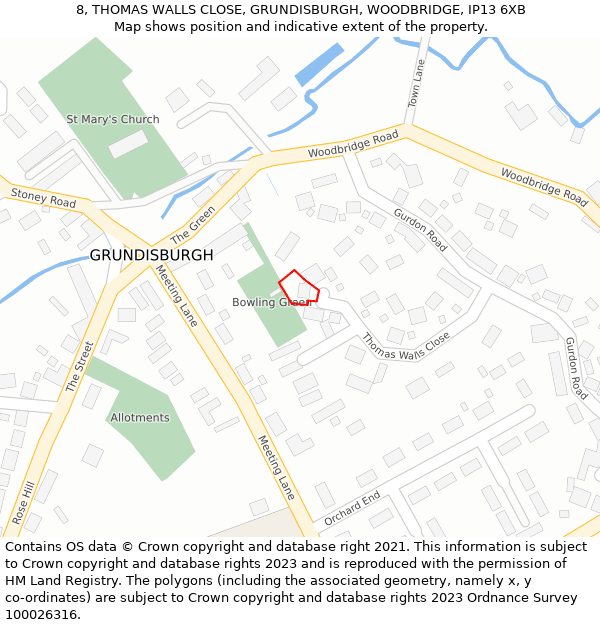 8, THOMAS WALLS CLOSE, GRUNDISBURGH, WOODBRIDGE, IP13 6XB: Location map and indicative extent of plot