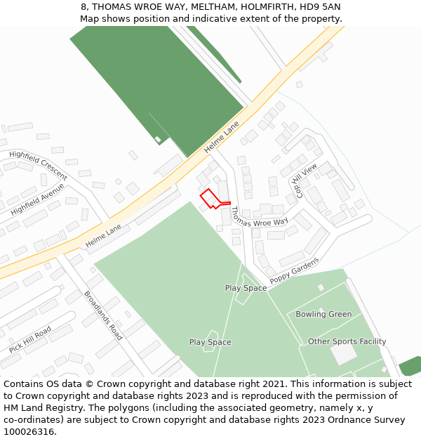 8, THOMAS WROE WAY, MELTHAM, HOLMFIRTH, HD9 5AN: Location map and indicative extent of plot