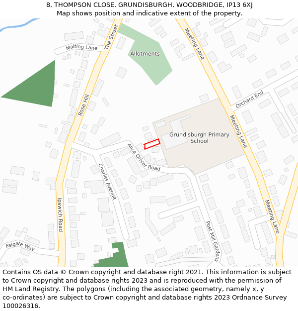 8, THOMPSON CLOSE, GRUNDISBURGH, WOODBRIDGE, IP13 6XJ: Location map and indicative extent of plot