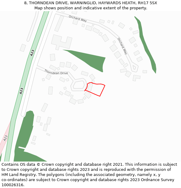 8, THORNDEAN DRIVE, WARNINGLID, HAYWARDS HEATH, RH17 5SX: Location map and indicative extent of plot