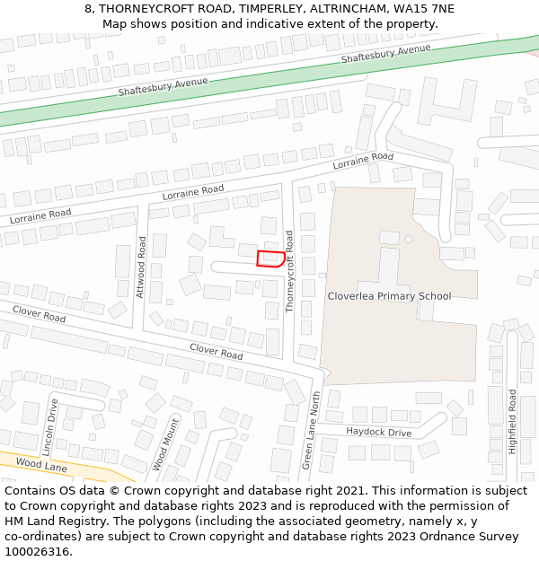 8, THORNEYCROFT ROAD, TIMPERLEY, ALTRINCHAM, WA15 7NE: Location map and indicative extent of plot