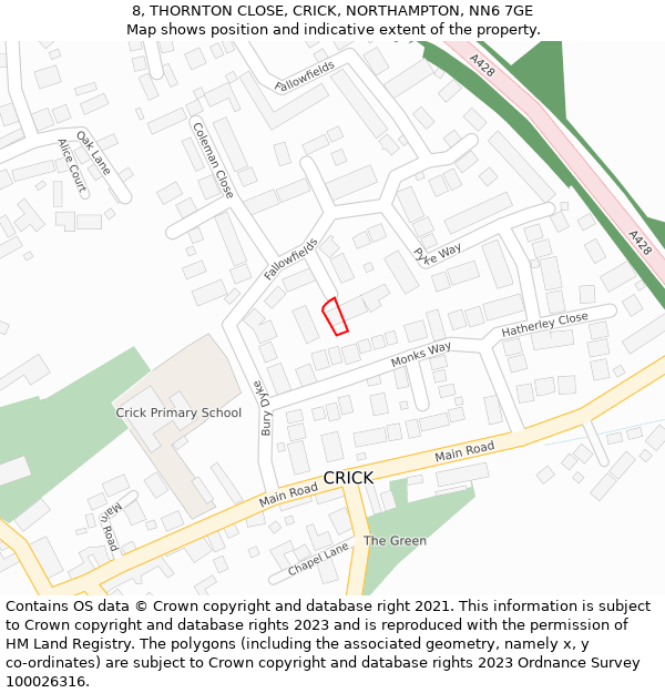 8, THORNTON CLOSE, CRICK, NORTHAMPTON, NN6 7GE: Location map and indicative extent of plot