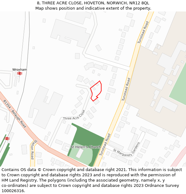 8, THREE ACRE CLOSE, HOVETON, NORWICH, NR12 8QL: Location map and indicative extent of plot