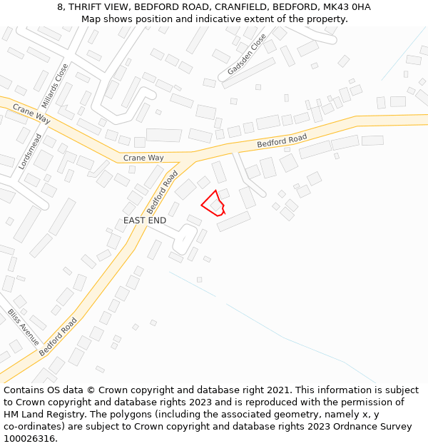 8, THRIFT VIEW, BEDFORD ROAD, CRANFIELD, BEDFORD, MK43 0HA: Location map and indicative extent of plot