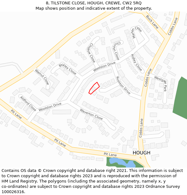 8, TILSTONE CLOSE, HOUGH, CREWE, CW2 5RQ: Location map and indicative extent of plot