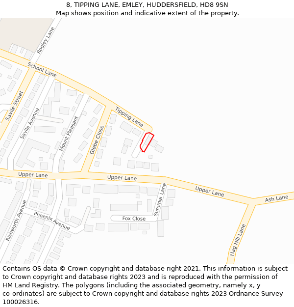 8, TIPPING LANE, EMLEY, HUDDERSFIELD, HD8 9SN: Location map and indicative extent of plot