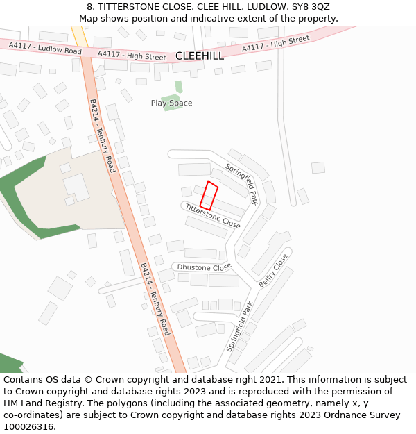 8, TITTERSTONE CLOSE, CLEE HILL, LUDLOW, SY8 3QZ: Location map and indicative extent of plot