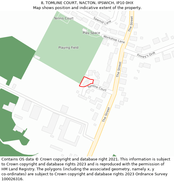 8, TOMLINE COURT, NACTON, IPSWICH, IP10 0HX: Location map and indicative extent of plot