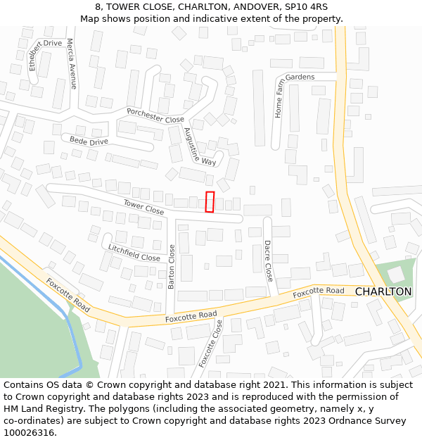 8, TOWER CLOSE, CHARLTON, ANDOVER, SP10 4RS: Location map and indicative extent of plot