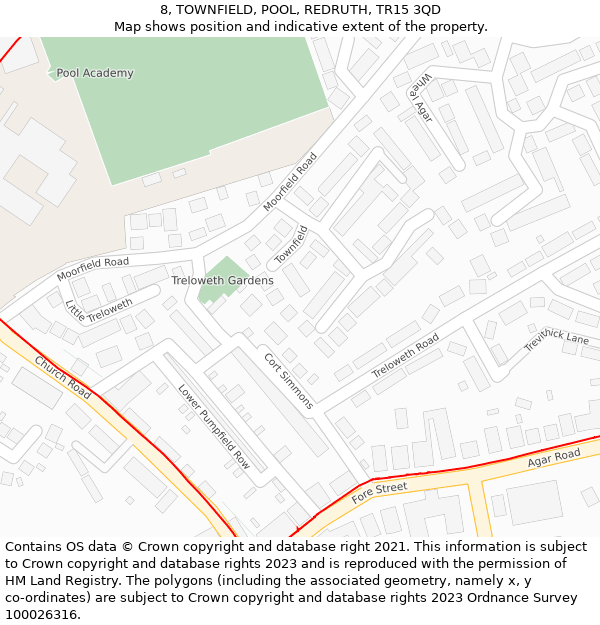 8, TOWNFIELD, POOL, REDRUTH, TR15 3QD: Location map and indicative extent of plot