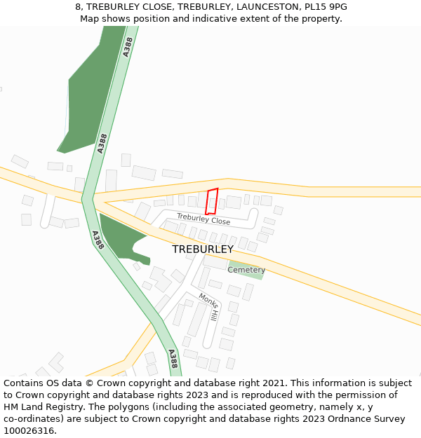 8, TREBURLEY CLOSE, TREBURLEY, LAUNCESTON, PL15 9PG: Location map and indicative extent of plot