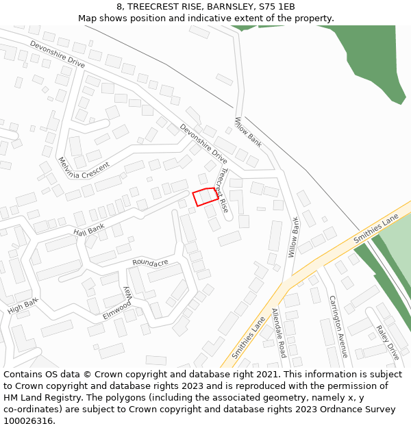8, TREECREST RISE, BARNSLEY, S75 1EB: Location map and indicative extent of plot