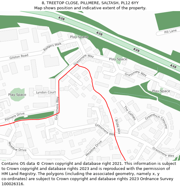 8, TREETOP CLOSE, PILLMERE, SALTASH, PL12 6YY: Location map and indicative extent of plot