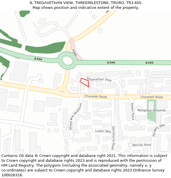 8, TREGAVETHAN VIEW, THREEMILESTONE, TRURO, TR3 6SS: Location map and indicative extent of plot