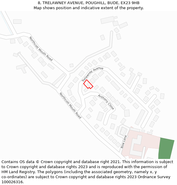 8, TRELAWNEY AVENUE, POUGHILL, BUDE, EX23 9HB: Location map and indicative extent of plot
