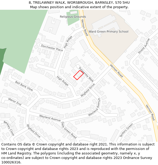 8, TRELAWNEY WALK, WORSBROUGH, BARNSLEY, S70 5HU: Location map and indicative extent of plot