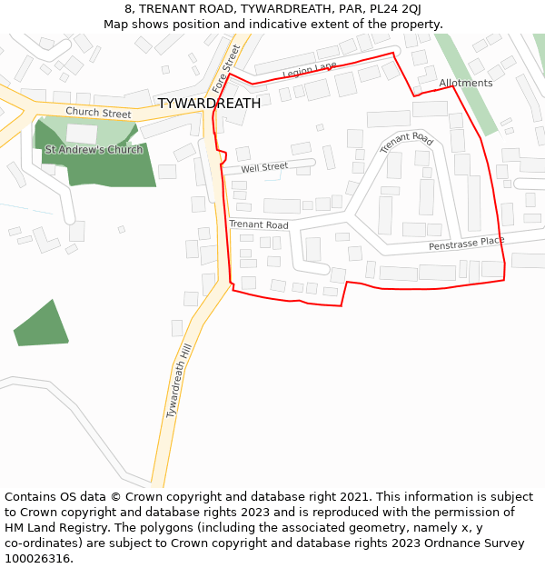 8, TRENANT ROAD, TYWARDREATH, PAR, PL24 2QJ: Location map and indicative extent of plot