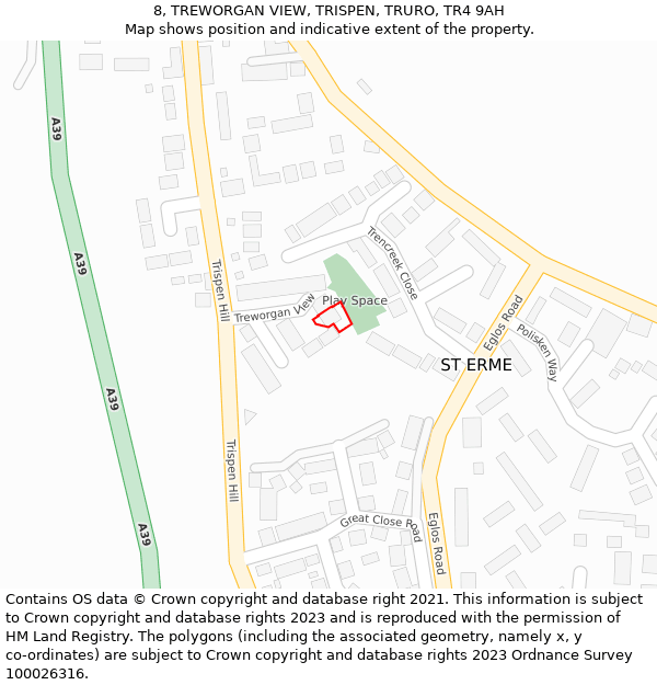 8, TREWORGAN VIEW, TRISPEN, TRURO, TR4 9AH: Location map and indicative extent of plot