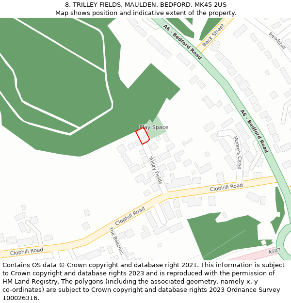 8, TRILLEY FIELDS, MAULDEN, BEDFORD, MK45 2US: Location map and indicative extent of plot