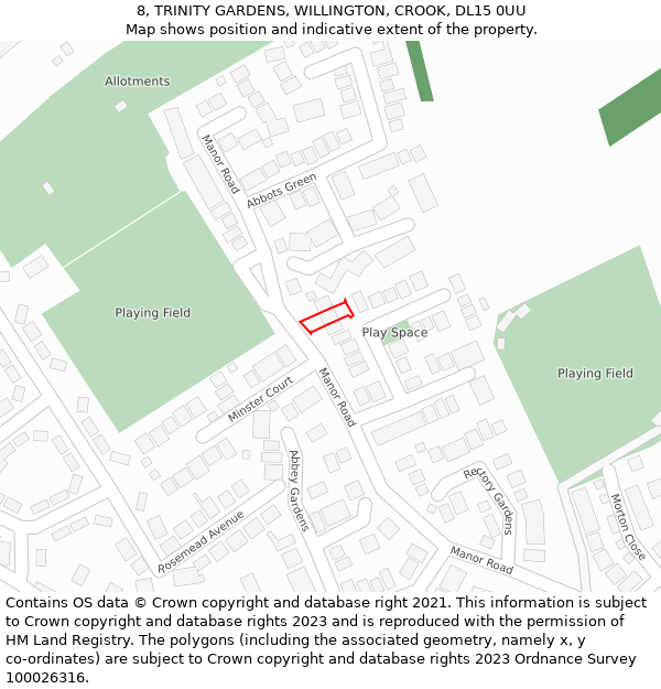 8, TRINITY GARDENS, WILLINGTON, CROOK, DL15 0UU: Location map and indicative extent of plot