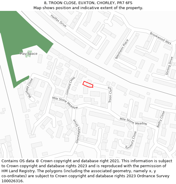 8, TROON CLOSE, EUXTON, CHORLEY, PR7 6FS: Location map and indicative extent of plot